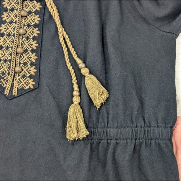 J.Jill Cotton Modal Black Shift Dress 3/4 Bell Sleeve Embroidery Boho Tassels M - Picture 6 of 10